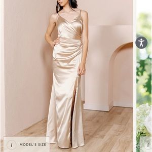Revelry Rory Satin Champagne Gold Vneck Maxi Dress with slit Size 8